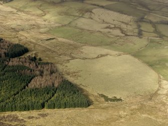 Oblique aerial view centred on the remains of rig and furrow cultivation, taken from the SE.