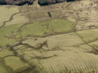 Oblique aerial view centred on the remains of rig and furrow cultivation, taken from the NNE.