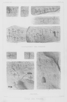 Incised crosses and other carvings in Constantine's Cave and 'The Coves', Caiplie, Fife.
Photographic copy from 'The Sculptured Stones of Scotland', J Stuart, 1867, vol  ii, plate 29.