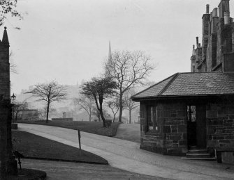 EPS/5/1  Photograph of Greyfriars Churchyard and lodge with text; 'Greyfriars Churchard  East Division  Entrance - General view showing walks to Church'
Edinburgh Photographic Society Survey of Edinburgh and District, Ward XIV George Square