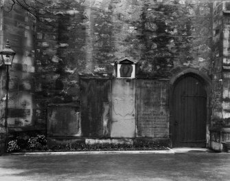 EPS/5/6  Photograph, with text; 'Greyfriars Churchyard  East Division  Monuments on wall of Church'
Edinburgh Photographic Society Survey of Edinburgh and District, Ward XIV George Square