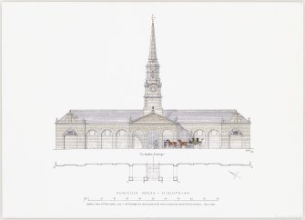 Digital copy of ink drawing of front elevation of stables at Penicuik House, Midlothian. The drawing shows the elevation prior to its conversion into housing.