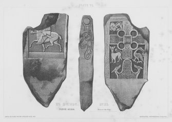 llustration plate of Meigle No. 5 (previously No.3) Pictish cross-slab, showing  front, reverse and left side.
Photographic copy from 'The Sculptured Stones of Scotland', J Stuart, 1867, vol  ii, plate vi.