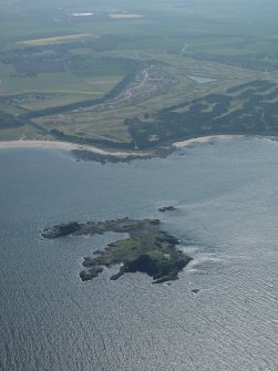 General oblique aerial view centred on Fidra Island showing Lighthouse in Foreground, taken from the NNW.