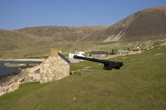 Village Bay, Gun Emplacement. General view from SE, including the gable end of the Feather Store.