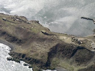 Oblique aerial view centred on the mid and S defences, taken from the NE.