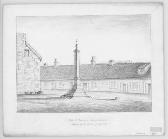 Digital copy of drawing of Mercat Cross.
The surrounding buildings are shown as thatched. Other features of interest include a dormer window in a thatched roof, and a variety of chimney heads and pots.