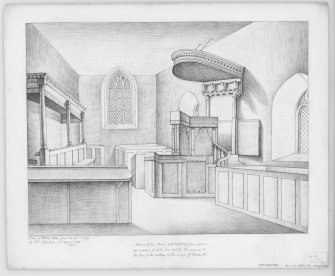 Digital copy of drawing of interior.
Sketch view including pulpit.