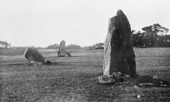 Photographs of recumbent stone circles at Wester Echt, taken from NE. 
Titled: "Wester Echt: Two Stones and Flanker". View from E.
