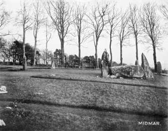 Photograph of recumbent stone circle at Midmar Kirk, taken from WSW.
Titled: "The Midmar Circle".