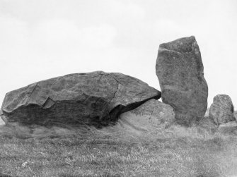 Photograph of recumbent stone circle at Kirkton of Bourtie, taken from SW.
Titled: "Kirkton of Bourtie. Recumbent Stone and Flanker".