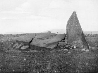 Photograph of recumbent stone circle at Inschfield, taken SW.
Titled: "Inschfield (Nether Boddam). Recumbent Stone and Flanker".