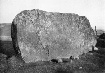 Photograph of recumbent stone at Braehead Stone Circle, taken from SW.
Titled: "Braehead of Leslie. Recumbent Stone".