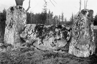 Photograph of recumbent stone circle at Strichen, taken from NW.
Titled: "Strichen. Recumbent Stone and Flankers".