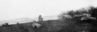 Photograph of recumbent stone circle at Old Rayne, taken from W.
Titled: "The Old Rayne Circle".
