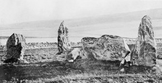 Photograph of recumbent stone circle at Balquhain, taken from NW.
Titled: "Balquhain. Recumbent Stone and Flanker".