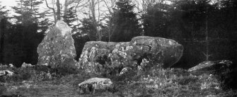 Photograph of recumbent stone circle at Aikey Brae, taken from N.
Titled: "Aikey Brae. Recumbent Stone and Flankers".