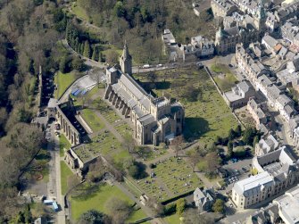 Oblique aerial view centred on the Abbey with the Abbey Precinct adjacent, taken from the SE.