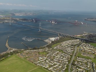 General oblique aerial view centred on South Queensferry with the bridges adjacent, taken from the SW.