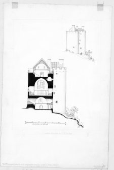 Neidpath Castle
Digital copy of reconstruction drawing, elevation and section, looking South.