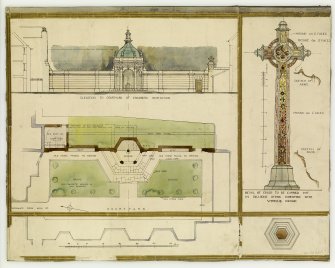 Digital copy of drawings of war memorial, Chambers Institute, Peebles.
Elevation to courtyard of Chambers Institute; plan; detailed elevation and plan of cross.