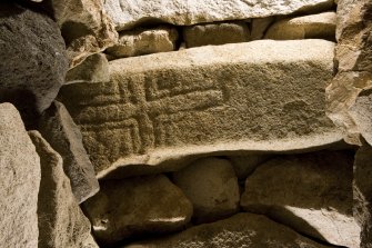 Village Bay, cleit 74. View of cross incised stone reused as a roof lintel.