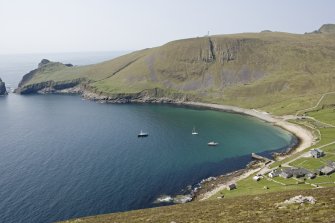 Village Bay, Ministry of Defence Establishment. General view from NE across the bay, including the radar station on Mullach Sgar and Ruaival.