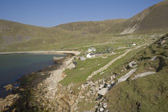 Village Bay, Ministry of Defence Establishment. General view from E, including the gun emplacement, Feather Store, church and manse.