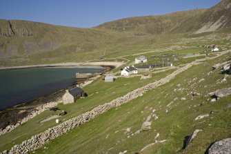 Village Bay, Ministry of Defence Establishment. General view from E, including the gun emplacement, Feather Store, church and manse.