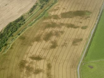 Oblique aerial view of the cropmarks of the round house and pits, taken from the ESE.