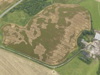 Oblique aerial view of the cropmarks of the pit defined avenue and cursus and the barrow at Kirkmabreck, taken from the NW.