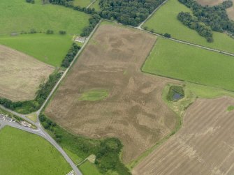 Oblique aerial view of the cropmarks of the palisaded settlements, possible enclosure and the remains of the motte at Balgreggan, taken from the ENE.