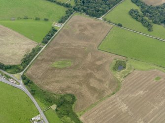 Oblique aerial view of the cropmarks of the palisaded settlements, possible enclosure and the remains of the motte at Balgreggan, taken from the NE.