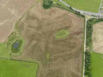 Oblique aerial view of the cropmarks of the palisaded settlements, possible enclosure and the remains of the motte at Balgreggan, taken from the WSW.