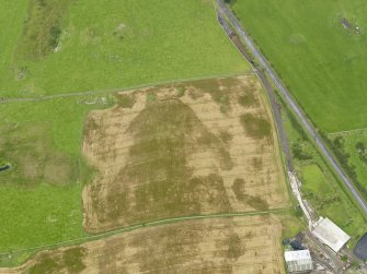Oblique aerial view of the cropmarks of the round house, taken from the SSW.
