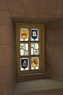 Interior. Tower.Second floor. Spiral. Stained glass window. Detail