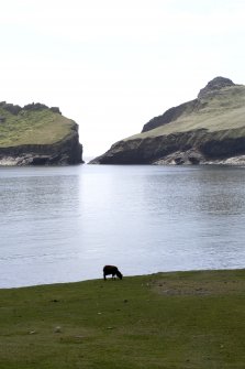 St Kilda, Dun and Hirta. View from N across Village Bay including the NW end of Dun and Ruaival on Hirta.
