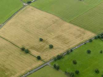 Oblique aerial view centred on the cropmarks of the rig and furrow and pits, taken from the NW.