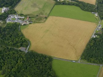Oblique aerial view centred on the cropmarks of the barrow at Dry Bridge, Islay, taken from the SE.