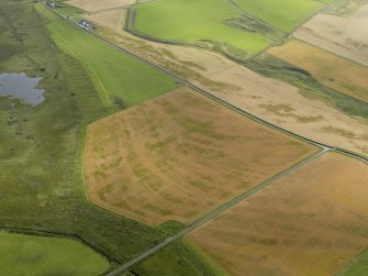 Oblique aerial view of the cropmarks of the trackway, possible enclosure and pits, taken from the WNW.