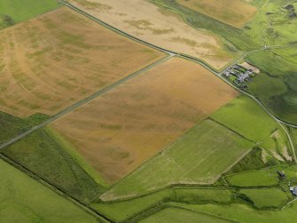 Oblique aerial view of the cropmarks of the trackway, possible enclosure and pits, taken from the W.