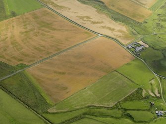 Oblique aerial view of the cropmarks of the trackway, possible enclosure and pits, taken from the W.