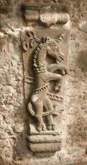 Carved unicorn, from coat of arms (daylight). Craigievar Castle.