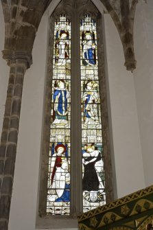 Interior. Chapel. Chancel stained glass window by Ninian Comper. Detail
