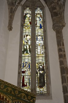 Interior. Chapel. Chancel stained glass window by Ninian Comper. Detail