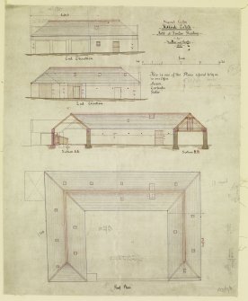 Elevations, section and roof plan of Mill of Findon steading.
Signed copy.