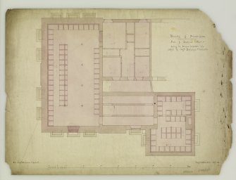 Annotated plan of basement floor.
Titled: 'Faculty of Procurators  Plan of Basement Floor - shewing the Premises tinted Red to be occupied by Messrs Buchanan & Lochart.  For Messrs Buchanan & Lochart.  Glasgow  33 Bath Street - Sept. - 1856 -'.