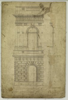 Compartment of elevation and section.
Titled: 'Compartment of Elevation to Large Scale - Section -  For the Faculty of Procurators -  Glasgow  3  Bath Street, November, 1854'.