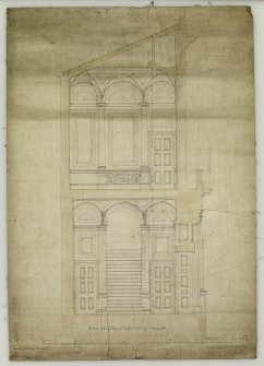 Section.
Titled: 'Section thro Lobby and Upper-landing - looking North.  For The Faculty of Procurators.  Glasgow  33 Bath Street  October 1855.'