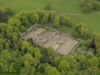Oblique aerial view centred on the walled garden, taken from the SW.